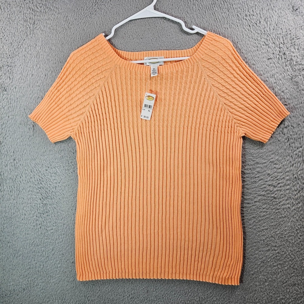 $38 NEW Vintage Talbots Knit Top Women‎ XL Stretch Orange Short Sleeve USA Made